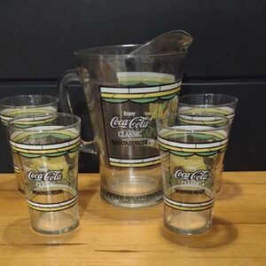 Coca Cola Classic Whataburger Glass Set With Pitcher Green, Black, Yellow